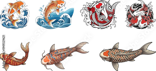Koi Carp Fish Vector Illustration Set – Japanese Koi Fish with Waves, Decorative Oriental Carp Art Collection