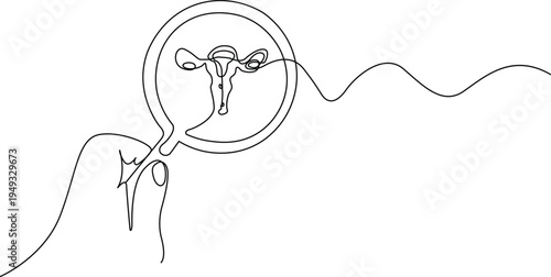 A single continuous line drawing of a hand holding a magnifying glass over a female uterus icon Vector