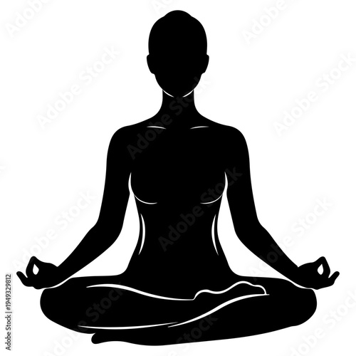 Black vector illustration of a woman sitting in a lotus pose yoga position for zen meditation and spiritual relaxation