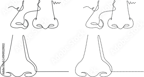 A collection of stylized nose illustrations shown in both solid and dashed line art drawing styles Vector