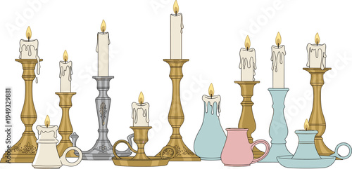 Comprehensive Hand Drawn Vector Collection of Vintage Candlesticks and Burning Wax Candles in Brass Silver and Ceramic Holders for Decorative Home Design