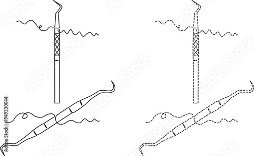 A black and white line drawing of two dental scaler instruments with matching dashed outlines Vector