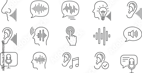 Voice sound communication icons set speech audio listening microphone signal vector illustration isolated line icon collection