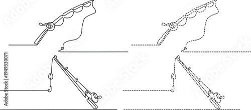 A collection of simple line art drawings depicting various fishing rods in continuous line style Vector