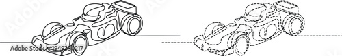 A comparison of continuous line art and dashed line style illustrations of a racing formula car Vector