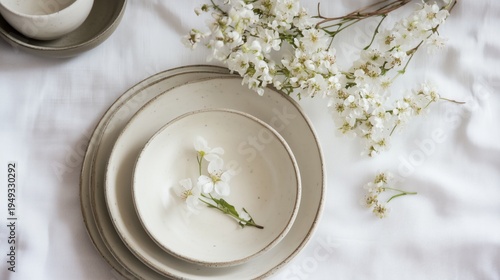 Delicate Cherry Blossoms Arranged on a Simple Plate in a Minimalist Setting D...