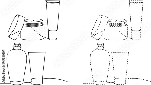 A minimalist set of cosmetic packaging containers illustrated in continuous and dashed line art Vector