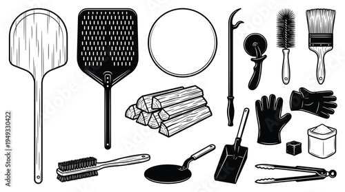A collection of professional pizza-making tools and accessories is illustrated in a black and white line art style on a plain background.