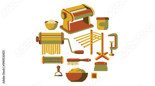 A circular set of pasta-making equipment and ingredients is illustrated in a flat, pixelated style on a white background.