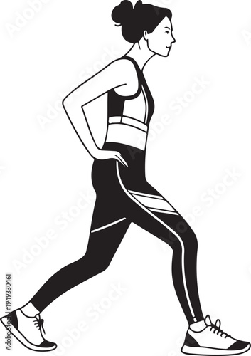 Black vector illustration of a slim woman silhouette in a sport running pose on a park road, featuring a graceful fashion model figure and artistic shadow shape