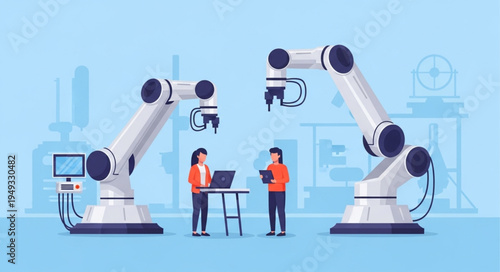 Two robotic arms and two people in a factory setting.