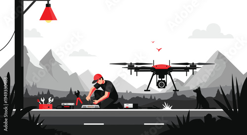 A technician repairs a large quadcopter drone on a roadside at dusk in a stylized, monochromatic landscape with red color accents.