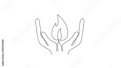 Hands gently cradling a stylized flame in a continuous line drawing symbolizing care, protection, or hope.
