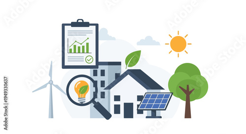 Green Energy Audit & Sustainable Home Solutions. Eco-Friendly Building, Solar, Wind Power, and Energy Efficiency Analysis Vector