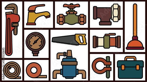 A grid layout displays twelve illustrated plumbing tools, such as a wrench, faucet, and saw, each within its own bordered compartment.