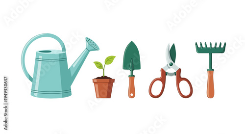 Essential Gardening Tools Set: Watering Can, Shovel, Pruning Shears, Rake & Young Plant Pot. Flat Vector Illustration for Horticulture.