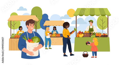 Happy People Shopping at Vibrant Farmer's Market with Stalls of Fresh Organic Fruits and Vegetables, Promoting Healthy Eating and Local Community.
