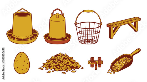 A collection of eight illustrated chicken-keeping supplies, including a feeder, waterer, egg basket, and feed, is arranged on a white background.