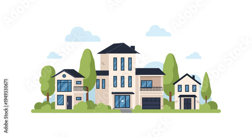 Modern Suburban Houses and Homes in Flat Vector Illustration. Contemporary Residential Buildings, Trees, and Clouds. Real Estate and Community Concept.