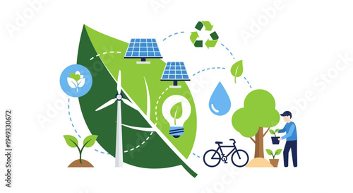 Environmental Sustainability & Green Energy Concept: Renewable Power, Conservation, and Eco-Friendly Living Flat Illustration