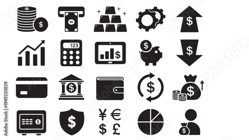 Financial icons including coins, ATM, gold bars, calculator, piggy bank, and credit card, representing money and banking.