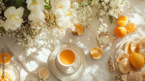 Fresh Tea and Fruits on a Table Decorated With Flowers During a Sunny Morning