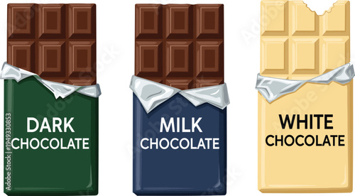 Dark milk and white chocolate bars set sweet dessert confectionery vector illustration isolated candy packaging design collection