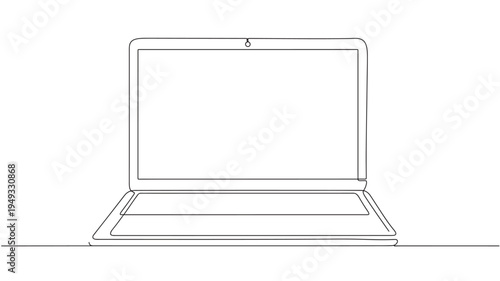 Laptop minimalist line art illustration with an open screen and keyboard, rendered as a single continuous black line drawing.