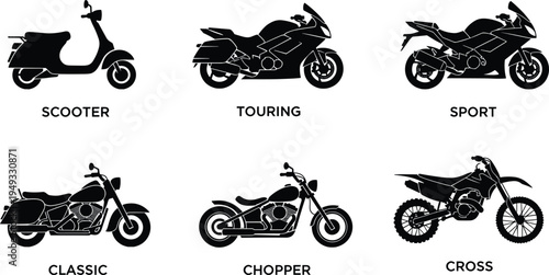 Black motorcycle silhouette icons including scooter, touring, sport, classic, chopper, and cross bike in cad drawing flat vector illustration isolated on white