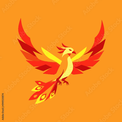 Stylized fiery phoenix bird illustration, mythical creature with vibrant orange and red plumage, a symbol of rebirth and strength