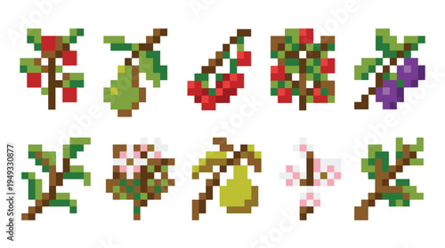 Ten pixel art icons of various fruit-bearing and flowering tree branches are organized in two rows against a white background.