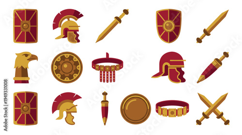 A set of fifteen Roman legionary equipment icons, including helmets, shields, and swords, is arranged on a white background.