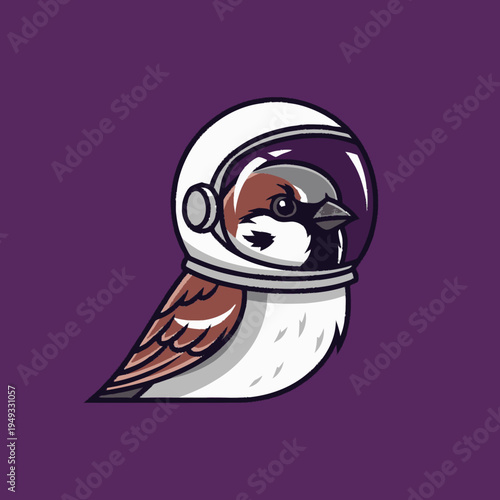 Cute cartoon sparrow bird wearing an astronaut helmet with a clear visor, isolated on a purple background. Whimsical space travel illustration.