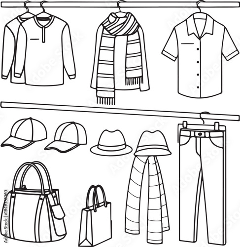 A professional vector illustration set of men's fashion clothing featuring a casual t-shirt, formal business suit, and stylish jacket collection as a design template for textile garment wear