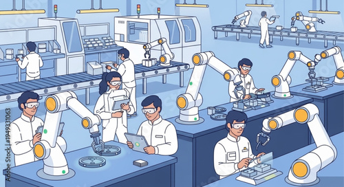 Modern Factory Assembly Line with Robotic Arms and Workers.