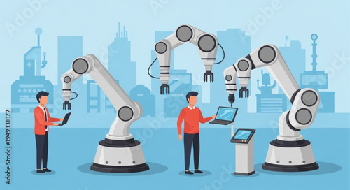 Robotic Arms and Engineers in a Modern Factory Setting.