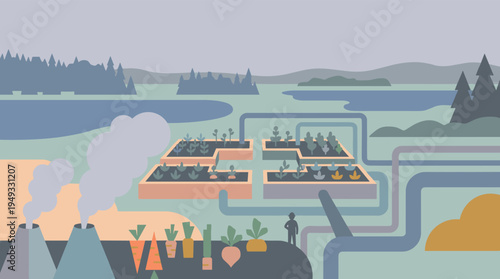 A flat vector illustration depicts an industrial farm using factory output to irrigate raised garden beds near a lake.