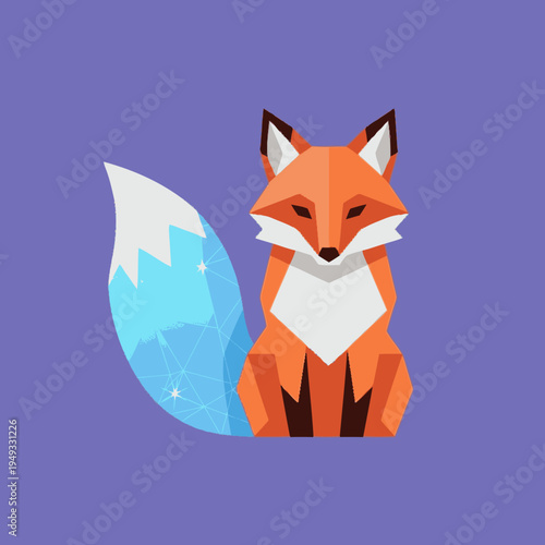 Modern polygonal fox illustration with a vibrant blue crystalline tail on a purple backdrop