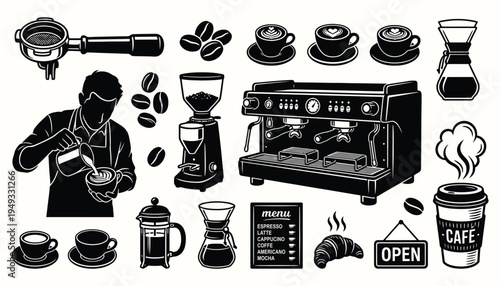 Coffee shop equipment and barista icons set