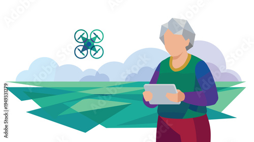 An elderly woman with geometric hair operates a flying drone with a tablet against an abstract landscape background.