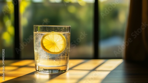 Refreshing Drink With Lemon Slice Sitting on Wooden Table Near Window During ...