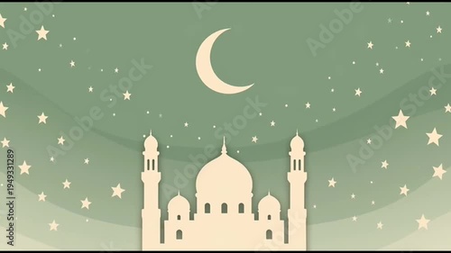 Mosque under starry night sky with crescent moon.
