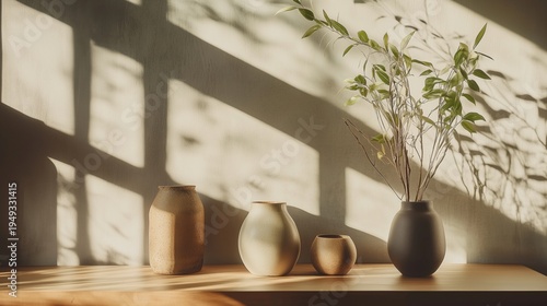 Plants in Pots Arranged on a Shelf With Light Creating Shadows in a Sunny Room