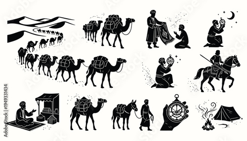 Middle Eastern historical merchants and camel caravan vector icons