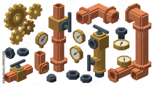 An isometric set of pixelated steampunk pipes, gears, valves, and gauges is displayed on a white background.