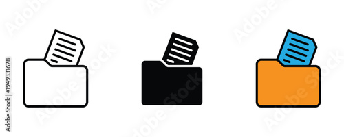 Digital file folder icon set. Office document management, paper storage, and organized archive symbols. Vector Illustration.