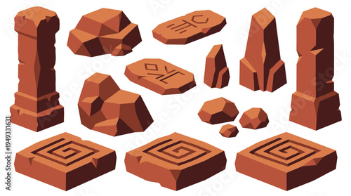 An isometric set of pixelated ancient stone ruins, including pillars, rocks, and carved tablets, is shown on a white background.