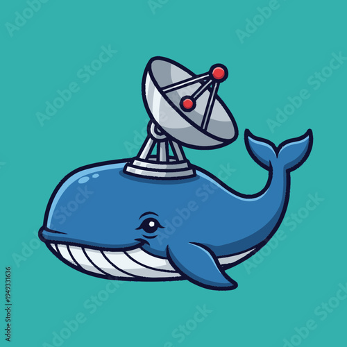 Adorable cartoon blue whale with a satellite dish illustration, symbolizing global communication, internet connectivity, or marine technology.
