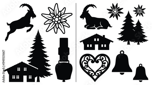 A collection of black silhouettes depicting Swiss and Alpine symbols like an ibex, edelweiss, and a chalet is isolated on a white background.