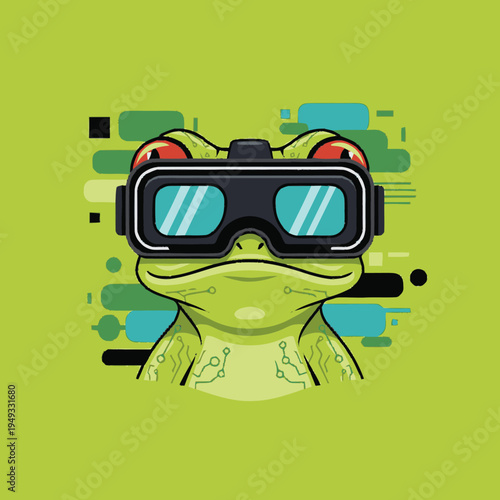 Cute cartoon frog wearing virtual reality VR headset with digital tech background. Green amphibian enjoying immersive metaverse experience.